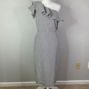 Banana Republic Seersucker One-shoulder Dress Womens Size 4 Tall Cotton